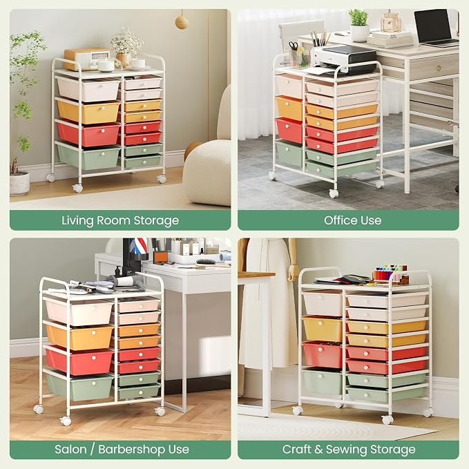 COSTWAY 12 Drawer Rolling Storage Cart, Utility Cart with Metal Frame | Mobile Art Supply Craft Organizer, Multipurpose Storage Organizer for Paper, Office, School Teacher, Classroom, Macaron - Image 8