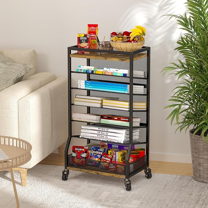 ThreeHio 7 Tier Rolling File Cart with Sliding Trays, Wood Metal File Organizer Beside Desk, Free-Standing File Holder, Paper Letter Tray Organizer Mesh Desk Organizer for Home Office School (Patent) - Image 7