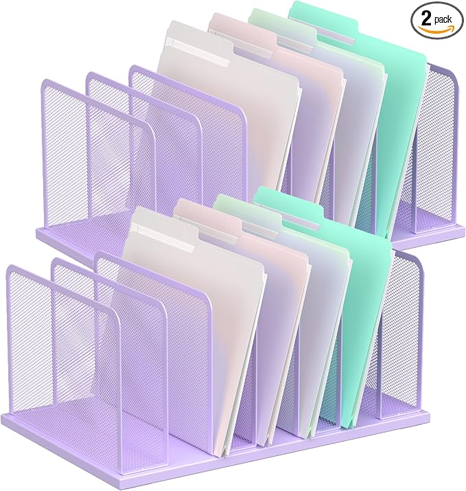 Kuntine.B 7-Section Upright Desk File Organizer Purple 2 Pack | Vertical, Mesh, Metal, Assembly, Stability, Sturdiness, Organization, Standing by KuntineB
