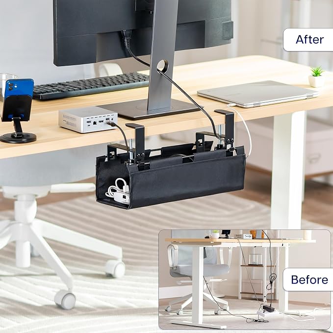 VIVO Clamp-on Under Desk 16 inch Fabric Cable Management Tray, Wire Concealer, Power Strip Storage, Workspace Organization, Easy Fold Down Access, Black, DESK-AC16F-C - Image 2