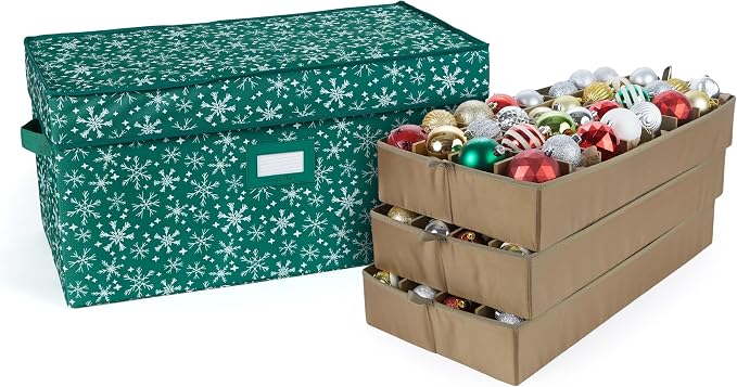 Covermates Keepsakes Adjustable Ornament Storage Box – Heavy-Duty Polyester, Padded Dividers & FlexGrid Trays – Protective Holiday Organizer with Stackable Walls & Label Window, Green Snowflake by Covermates