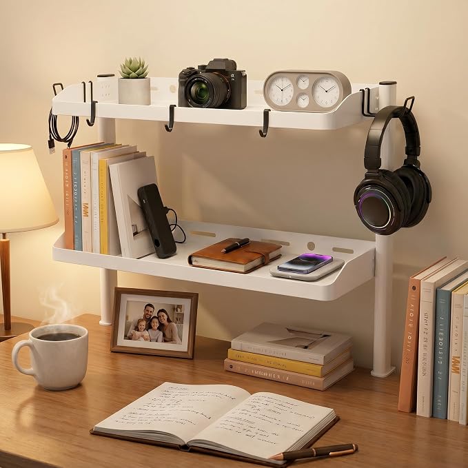 Clamp on Desk Shelf White, 2-Tier Office Desk Shelves Organizer, 17in Small Shelf for Top of Desk with Headphone Holder, Hooks, Desktop Storage Rack for Home Workspace, Study Rooms, Gaming Accessories - Image 7