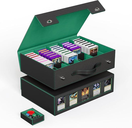 ZLCA Trading Card Storage Box 5-Row with Handle, MTG Storage Box | Holds 3900+ Cards with Commander Display, Top Loaders Organizer Case for TCG PTCG Sport Card(Black&Green) by ZLCA