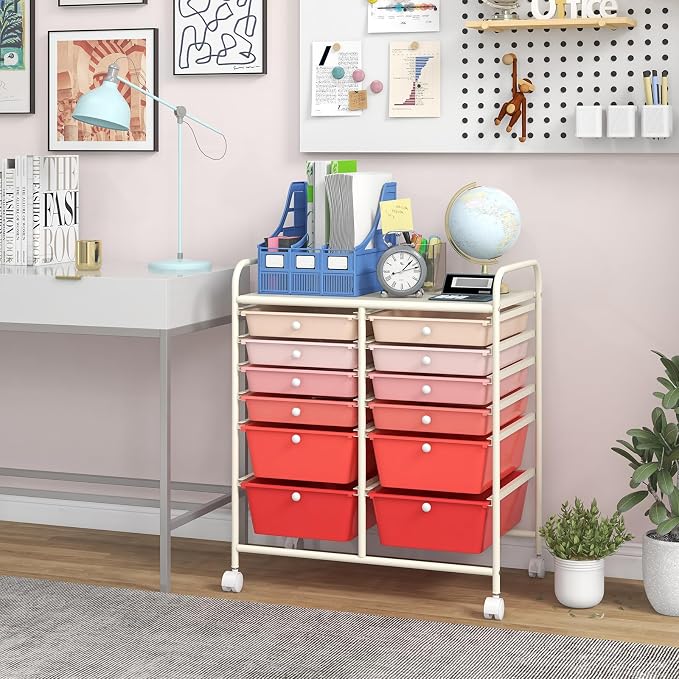 COSTWAY 12-Drawer Rolling Storage Cart, Moveable Art Craft Organizer | Lockable Wheels, Metal Shelf, Files Arrangement Tools Makeup Storage Cart for Office, Home, School (Mixed Pink) - Image 9