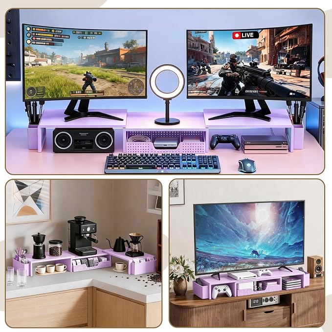 LEKETREE Dual Monitor Stand Riser with Drawer, Desk Organizer and Accessories, Monitor Stand for Desk, Desktop Stand for Computer, Laptop, TV and More (Purple) - Image 4