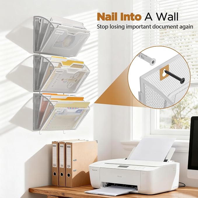 Docnest 3 Pack 3 Tier Mesh Wall File Holders with Hooks for Mail, White | Space-saving vertical design with utility hooks. Ideal paper document organizer for office, home, and school - Image 4