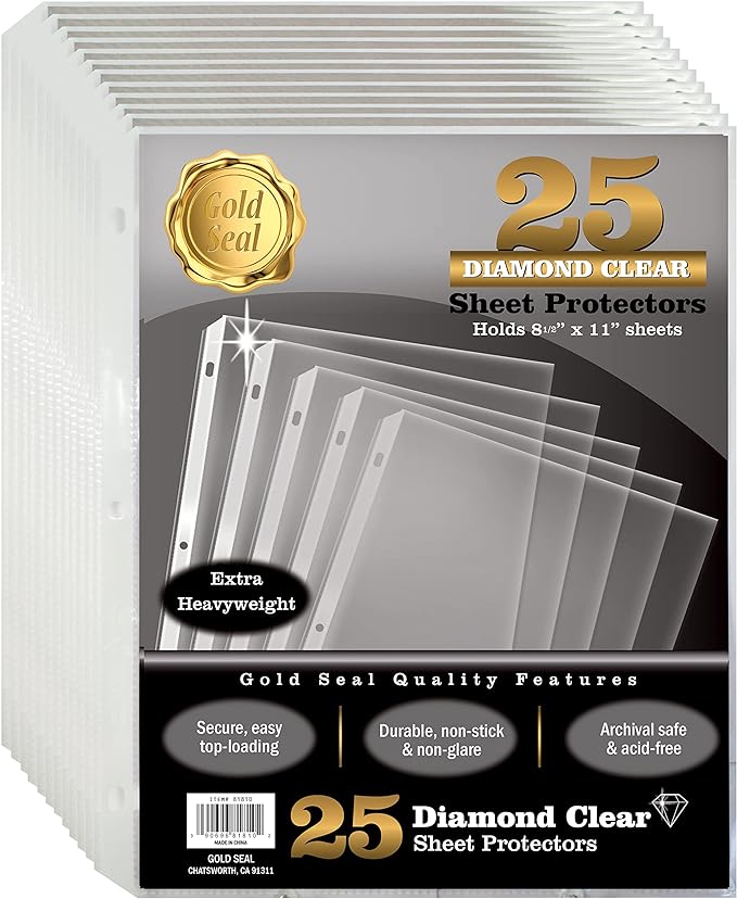 GOLD SEAL Sheet Protectors, 25 Pack 8.5 x 11 Anti-Glare Sheet Protectors for 3 Ring Binder, Top Load Page Protectors for 3 Ring Binder, Durable Clear Plastic Sleeves by GOLDSEAL