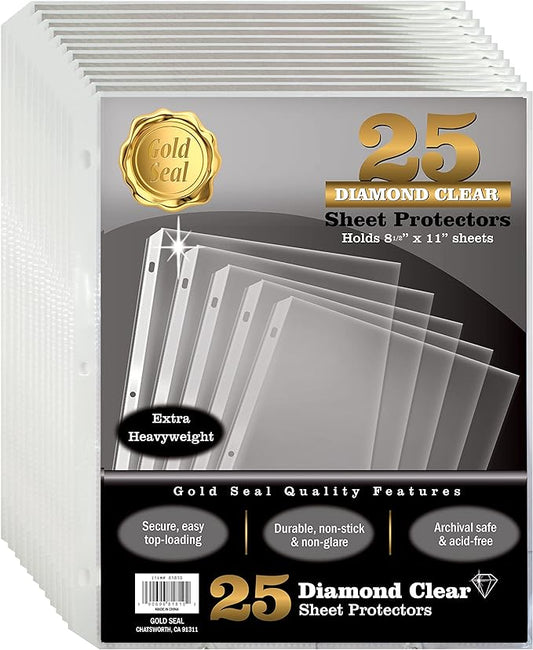 GOLD SEAL Sheet Protectors, 25 Pack 8.5 x 11 Anti-Glare Sheet Protectors for 3 Ring Binder, Top Load Page Protectors for 3 Ring Binder, Durable Clear Plastic Sleeves by GOLDSEAL