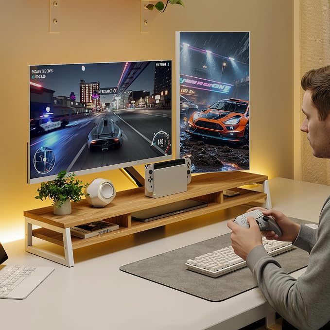 Fenge Dual Monitor Riser for Desk, Open Shelf with 3 Storage Compartments | 42.5in Computer Monitor Stand, 2-Tier Desk Shelf for Top of Desk,One-Piece Panel, fit Ultrawide Monitor, PC, Laptop, Dark Oak - Image 6