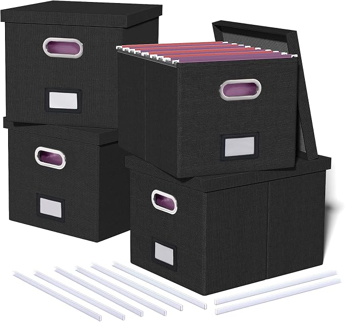 4 Pack File Storage Organizer, Document Organizer, Portable File Box with Lid, Fit for Letter/Legal File Folder Storage,Black-Box only by Oterri