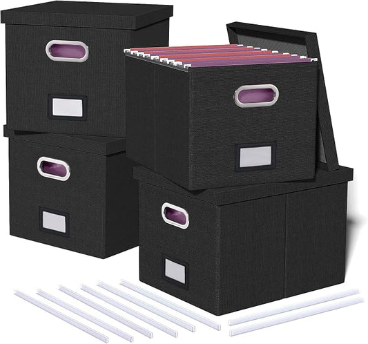 4 Pack File Storage Organizer, Document Organizer, Portable File Box with Lid, Fit for Letter/Legal File Folder Storage,Black-Box only by Oterri