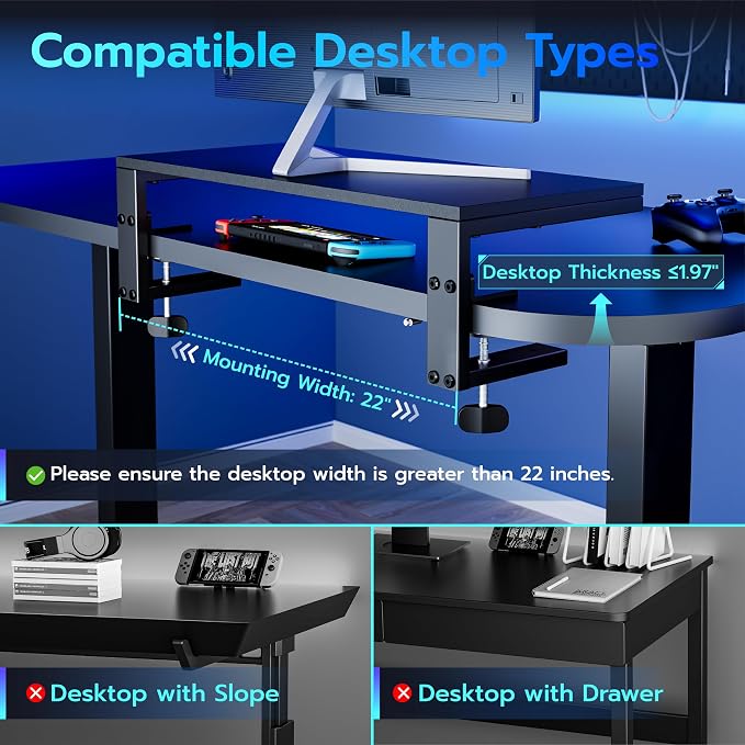 ARES WING Clamp-On 21.7" Desk Extender Shelf, Heavy Duty Desktop Organizer | 21.7"x 9.8" Versatile Clamp on Desk Shelf,For Gaming and Office Accessories, Black - Image 8