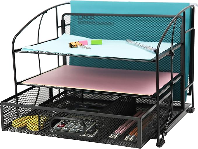 Exerz Mesh Desk Organiser Office Supplies 3 Trays/Desktop File Holder with Sliding Drawer and Hanging File Holder/Paper sorters/Vertical Upright Section for Office Home Multifunctional (Black New) - Image 5