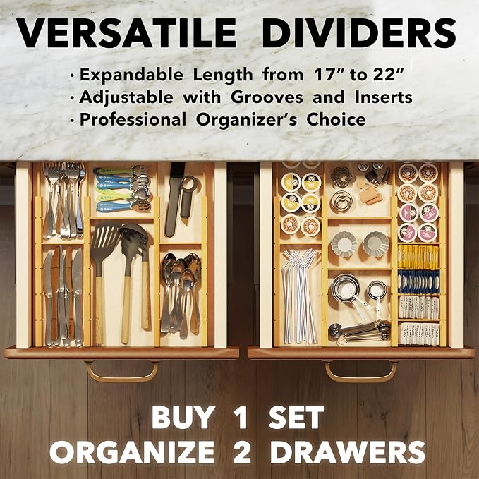 SpaceAid Bamboo Drawer Dividers with Inserts and Labels, Kitchen Adjustable Drawer Organizers, Expandable Organization for Home, Office, Dressers, 10 Dividers with 24 Inserts (17"-22" Natural) - Image 5