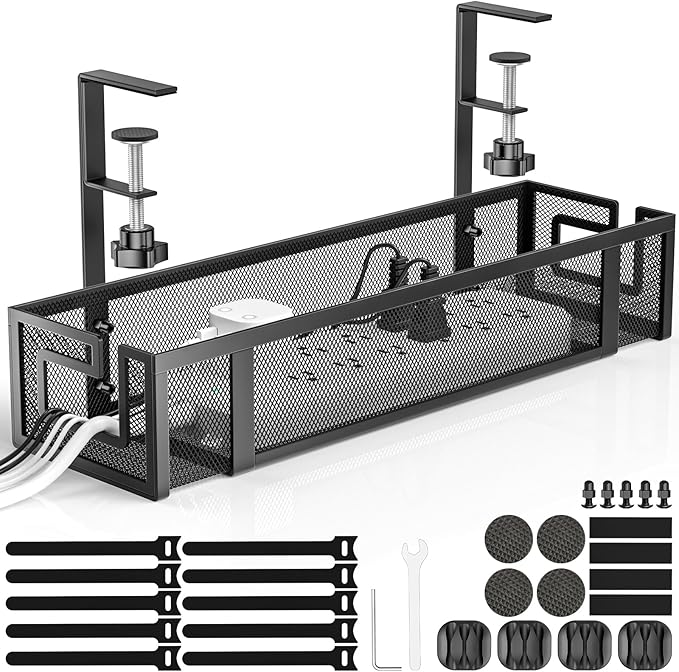 Under Desk Cable Management Tray, GZOKMOG 15.75" No Drill Cable Management, | Heavy Duty Metal Cord Organizer Under Desk, Home Office Wire Management Tray Clamp for Standing/Gaming Desk, Black by GZOKMOG