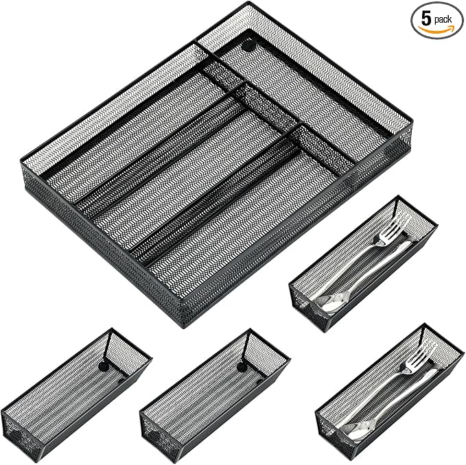 Neudeco Drawer Organizer Set, Black Mesh, 5 Pack | 4-Compartment Silverware Organizer Tray, 4 Utensil Trays, For Flatware, Cutlery, Office Supplies, Non-Slip by Neudeco