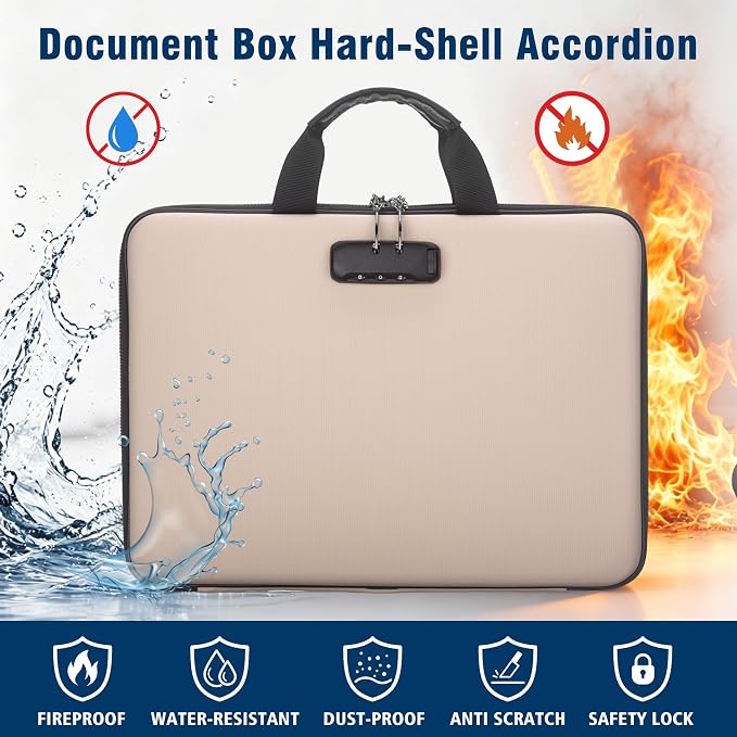 Fireproof Document Box with Lock, Hard-Shell Case Fireproof File Organizer with 13 Pocket Accordion File Folder, Portable Home Office Travel Safe Storage for Important Documents Laptop - Image 2