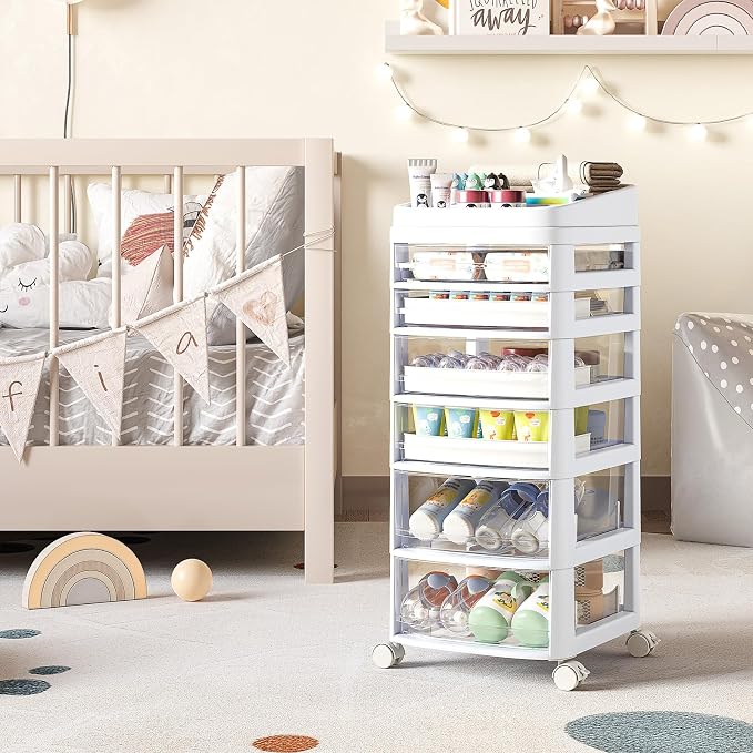 Rolling Cart with 6 Drawers, Clear Plastic Drawer Organizers, Vanity Cart | Dust Proof Under Desk Storage with Dividers for Makeup, Skincare, Art Crafts and Baby Items, Acrylic Cosmetic Organizer - Image 7