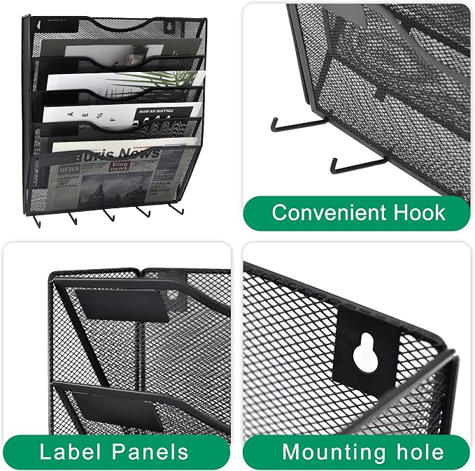 5 Pocket Mesh Hanging File Organizer with Key Holder Hooks & Nametag Label, Wall Mounted Mail Paper Document Folder Storage Organization Magazine Rack for Office Cubicle, 5 Tier Black - Image 4