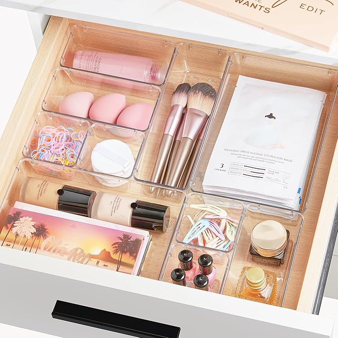 Vtopmart 15 PCS Clear Plastic Drawer Organizers Set, Vanity Organizer Trays | 4-Size Versatile Makeup Organizer, Non-Slip Storage Containers for Makeup, Jewelries, Bedroom，Kitchen Utensils and Office - Image 4