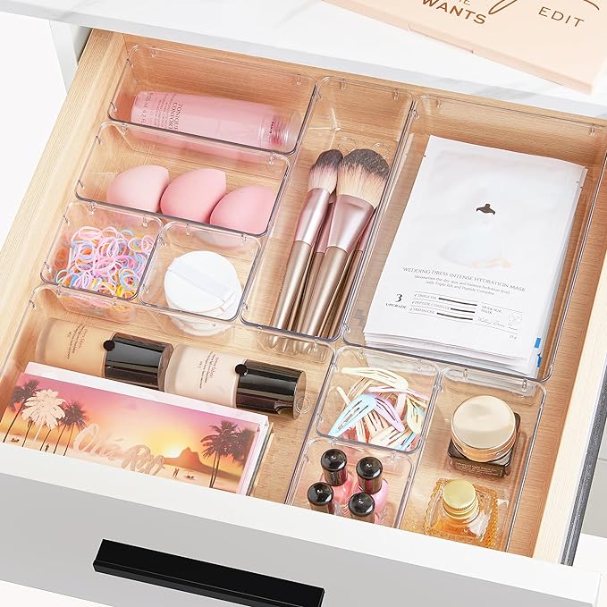 Vtopmart 25 PCS Clear Plastic Drawer Organizers Set, 4-Size Versatile Bathroom and Vanity Drawer Organizer Trays, Storage Bins for Makeup, Bedroom, Kitchen Gadgets Utensils and Office | 4-Size Versatile Makeup Organizer, Storage Containers Small Bins f... - Image 8