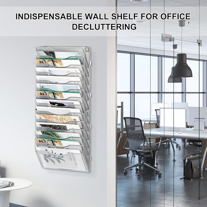 EasyPAG Wall File Organizer for Office 14 Pocket Mesh Wall Mounted Paper Organizer Hanging Folder Holder with Nametag Label for Home School, Silver - Image 4