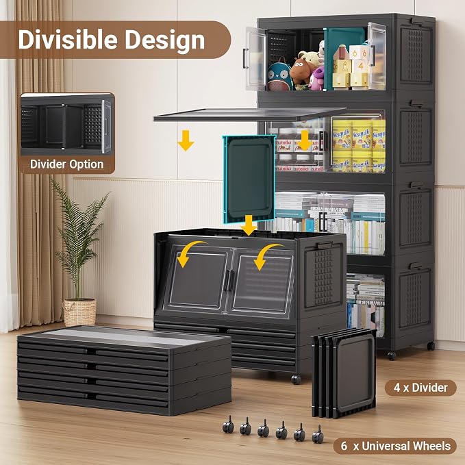 BROVIEW 600 Qt Stackable Storage Bins Foldable Cabinet, V40 Black 3-Pack | Extra Large Collapsible Storage Bins with Lid Doors Wheels Dividers, Closet Organizers and Storage Drawer for Home Office - Image 4