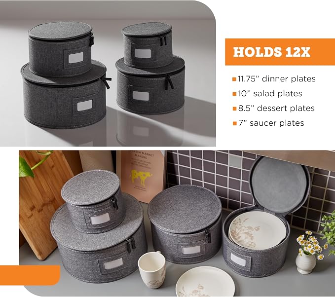 4-Piece China Plate Storage Set | Hard Shell Dividers | Gray | 4 Hard Shell Plate Cases - Dinner, Salad, Dessert & Saucer, 12 Plates Each, 48 Total. Felt Dividers, Stackable. - Image 3