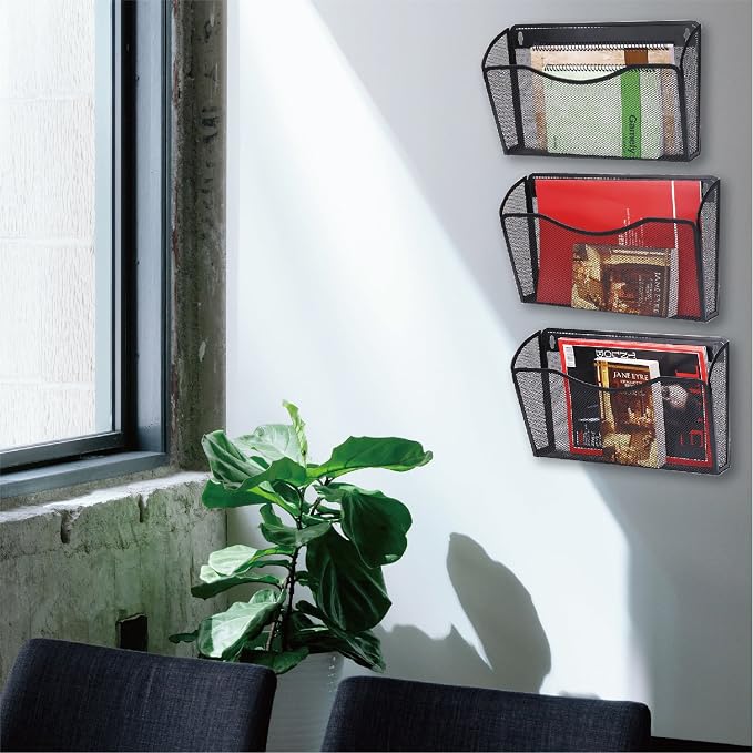 Flexzion Wall Folder File Letter Pocket Holder (6 Pack) Metal Mesh Desk Hanging Basket Box Bin Mail A4 Size Paper Document Organizer, Storage Rack Single Slot Wall Mount for Office School Home - Black - Image 6