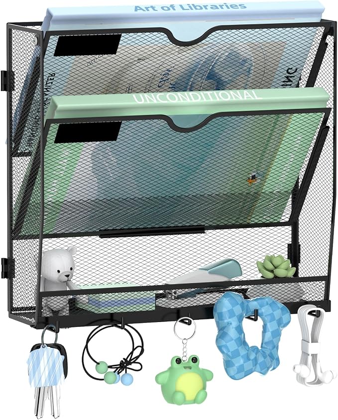 3-Tier Wall File Organizer with 5 Hooks, Wall Mounted Mail Organizer | File Holder Organizer, Metal Mesh Office Wall Organizer for Home, School & Classroom by SUPEASY