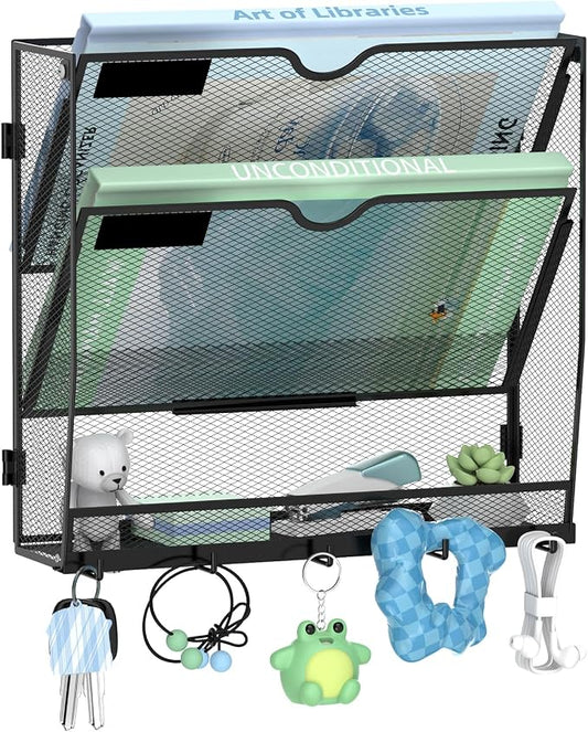 3-Tier Wall File Organizer with 5 Hooks, Wall Mounted Mail Organizer | File Holder Organizer, Metal Mesh Office Wall Organizer for Home, School & Classroom by SUPEASY