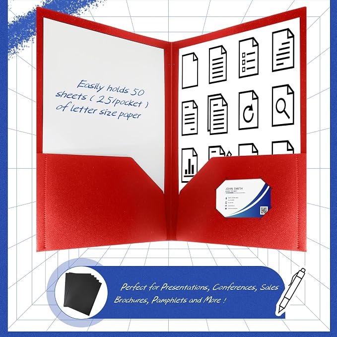 Patelai 50 Pack Plastic Folders with Pocket Bulk 2 Pocket Heavy Duty Letter Size Folders Business Card Holder for School Office File(Multi Colors) - Image 3