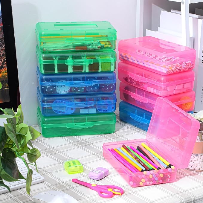 Fainne 24 Pack Pencil Boxes for School Clear Plastic Pencil Case Large Plastic Crayon Box Bulk Stackable Classroom Stationery Organizer School Supplies(Red, Blue, Green) - Image 4