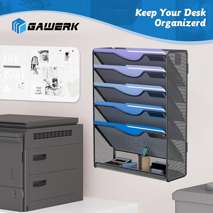 Gawerk 6 Tier Hanging File Organizer, Mesh Wall File Holder Paper Folder Rack with Bottom Flat Tray for Office Home, Black - Image 7
