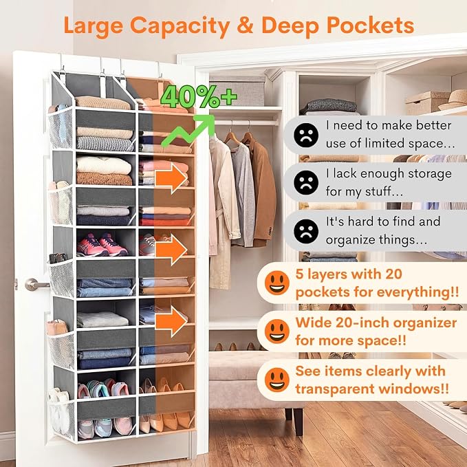 5-Tier Over Door Organizer, 10-Compartment Wide Storage Rack | 20" wide, 80 lbs for heavy family use, 10 side pockets, fits doors for closet, nursery, entryway, dorm, RV, laundry room - Image 2