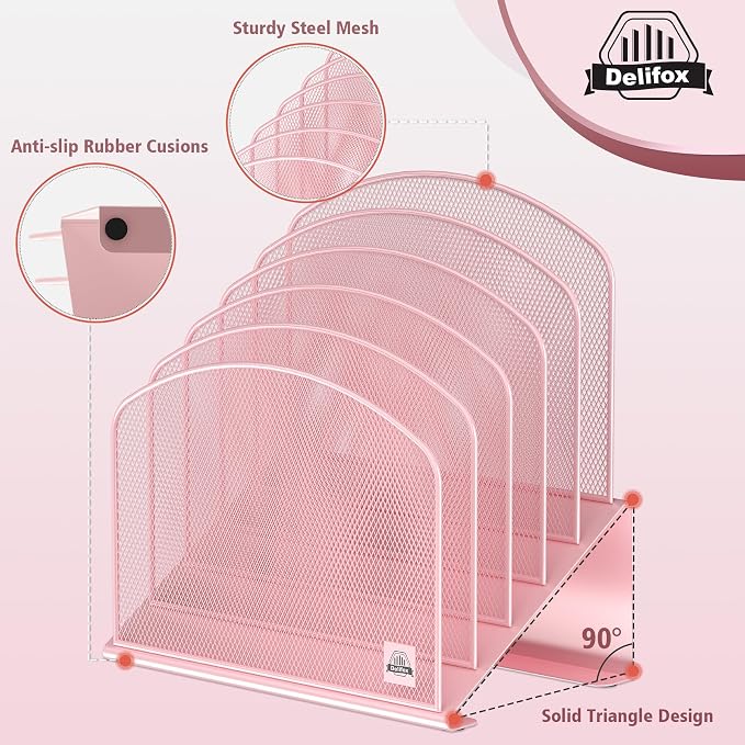 Delifox Inclined Desk File Organizer,Vertical File Folder Holder Stand Metal Rack File Sorter for Office Classroom Desktop Organization (1, Pink, 5) - Image 3
