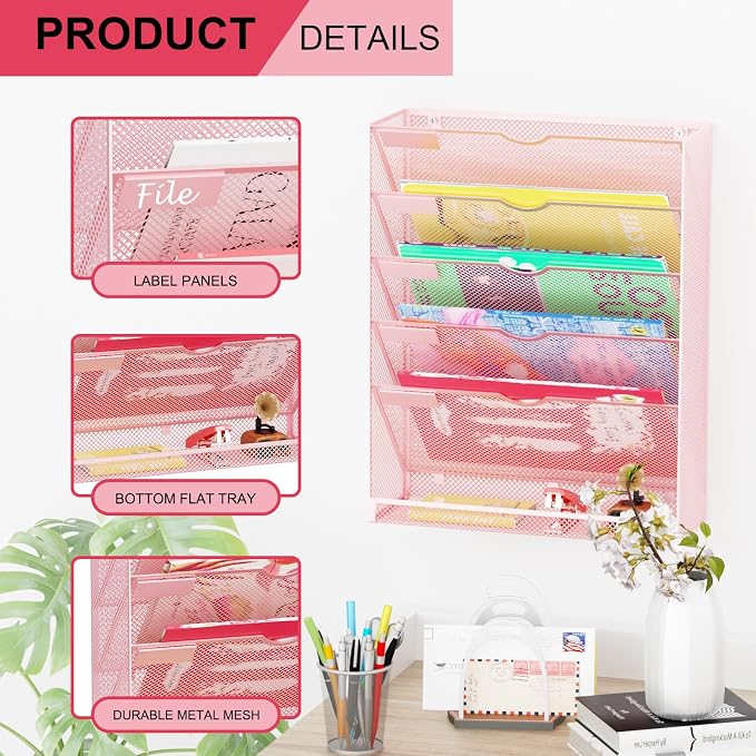 Hanging Wall File Organizer 6 Tier Wall Mounted Mail Paper Folder Holder Document Organization Stand, Vertical Desk Magazine Rack for Office Home Cubicle Countertop, Pink - Image 4