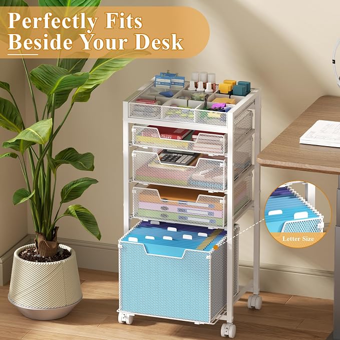Rolling File Cart with 4 Storage Drawers, Under Desk Filing Cabinet with DIY Divider, Hanging File Folder Organizer on Wheels, Fits A4/Letter Size, Metal Utility Cart for Home Office, White - Image 2