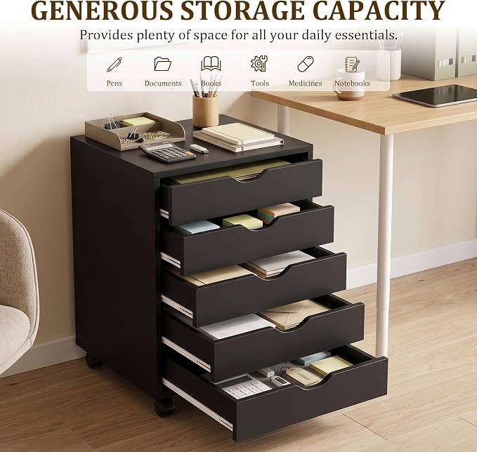 5 Drawer Mobile File Cabinet, Under Desk Storage Cabinet with Wheels | 5 Drawers Mobile File Cabinet with Wheels, Rolling Storage Cabinet for Desk Drawer Organization and Printer Stand - Image 5