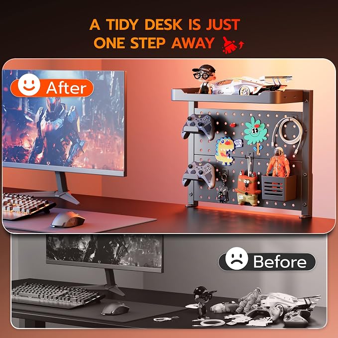 ARES WING Desk Clamp On Pegboard with 16 inches Organizer Shelf, Black | Adjustable Above or Under Desk Storage Shelf Holds 44 lbs, Magnetic Metal Peg Board for Office and Gaming Accessories - Image 7