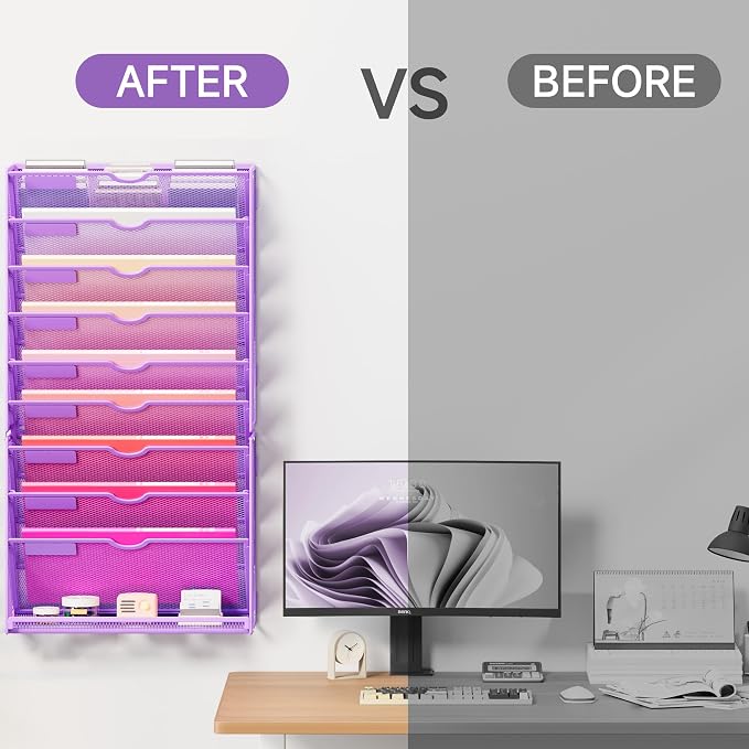 Lavatino Hanging Wall File Folders Organizer - 10-Tier Purple Metal Mesh Paper Magazine Document Mail Holder File Organizer for Office School Home Wall Mount or Desk Supplies Organization - Image 2