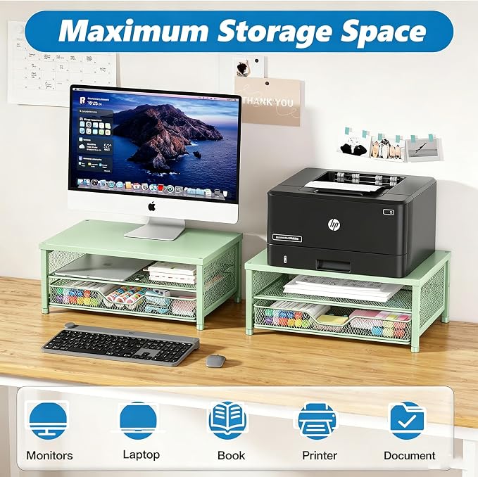 Computer Monitor Stand Riser, Desk Organizer with Drawer, Printer & Laptop Stand, Office Desk Accessories & Workspace Desktop Organizers Storage for Office Supplies(Green) - Image 3
