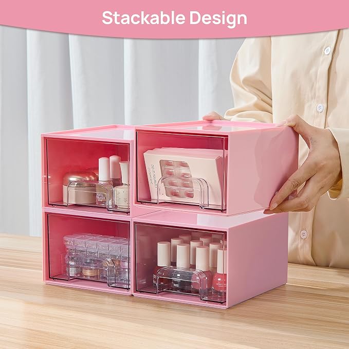 Vtopmart 4 Pack Small Clear Stackable Storage Drawers, Pink | Bathroom Makeup Accessories Organizer, Plastic Bins For Desk, Vanity, Undersink, Medicine Cabinet ,Home Organization - Image 5