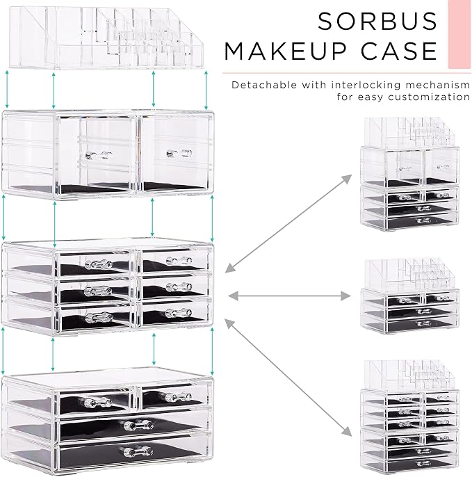 Sorbus Large Makeup Organizer - Clear Stackable Jewelry Makeup Organizer for Vanity, Bathroom Storage Display Case - 12 Drawers Cosmetic Beauty Organizers and Storage with Lipstick Makeup Brush Holder - Image 2