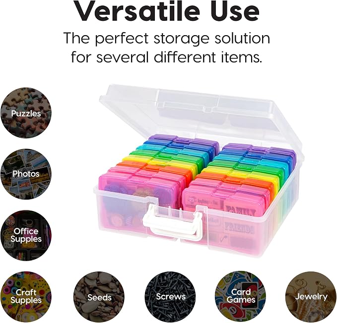 IRIS USA Photo Storage Box |Made in USA| 16 Cases - Clear/Multi | Fits 4" x 6" Pictures / Built-In Handle / Organizing Containers for Tasks, Stickers, Ephemera & Flashcards - Image 5
