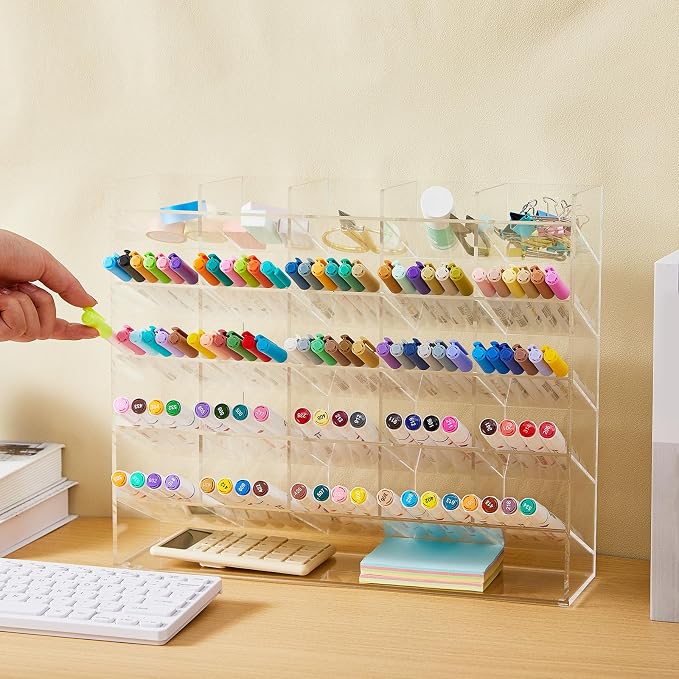 MotiMind Acrylic Pen Organizer Storage for 300 Markers Vertical Marker Organizer Acrylic Pen Display Holder for Office Desk Desktop Stationery Pencil Storage, Clear, 15 x 4 x 12.4 Inch - Image 4