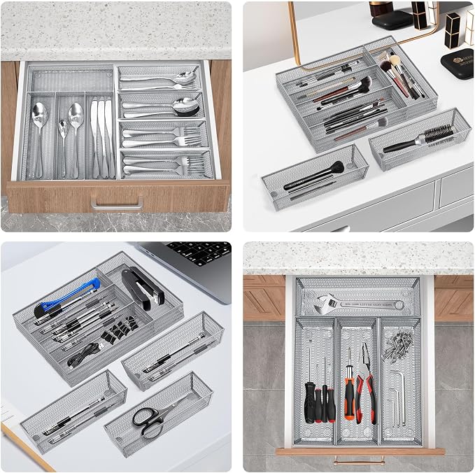 Neudeco Drawer Organizer Set, Silver, 5 Pack | 4-Compartment Silverware Tray, 4 Utensil Trays, Silver Mesh, Non-Slip, For Flatware, Cutlery, Office Supplies - Image 6