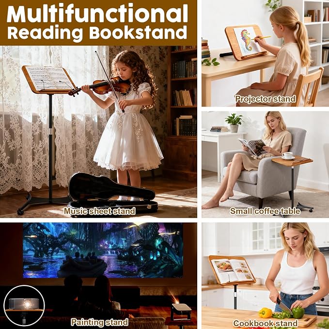 2 in 1 Dual-use Music Stand & Desktop Book Stand, Adjustable Height 16.5"-51", 100% Solid Wood Laptop Floor Stand Book Holder with Elastic Page Clips for Cookbooks (Brown-Wheeled) - Image 8