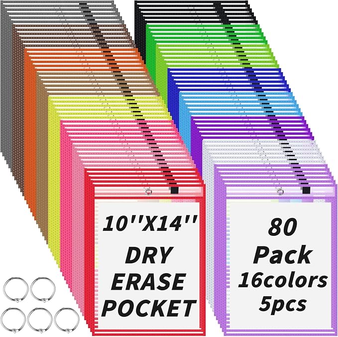 80 Packs Dry-Erase Pockets Bulk Oversized Reusable Dry Erase Pocket Sleeves with 5 Rings, 16 Assorted Colors 10x14 Ticket Holders, Clear Plastic Sheet Protectors, Teacher School Classroom Supplies - Image 8