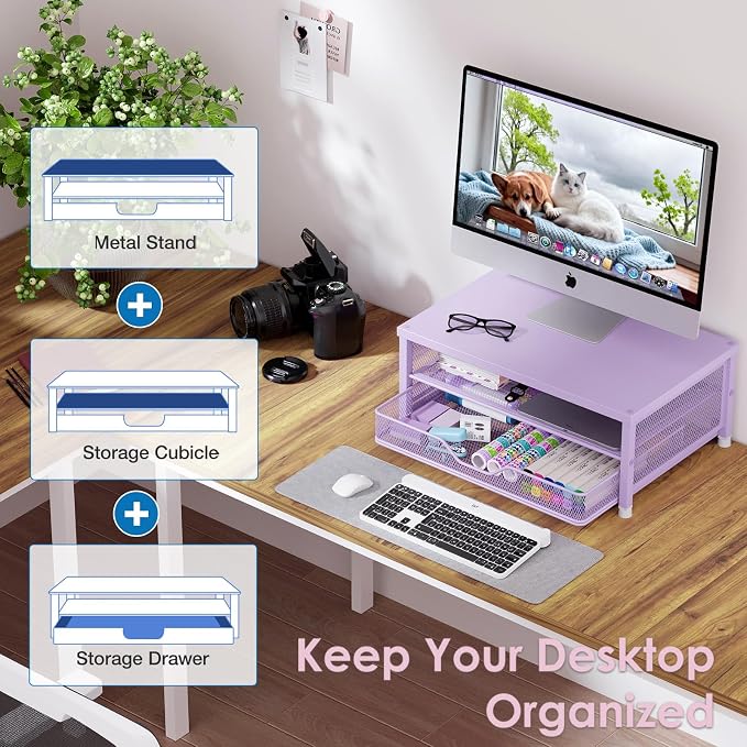 Computer Monitor Stand Riser, Desk Organizer with Drawer, Printer & Laptop Stand, Office Desk Accessories & Workspace Desktop Organizers Storage for Office Supplies(Purple) - Image 7